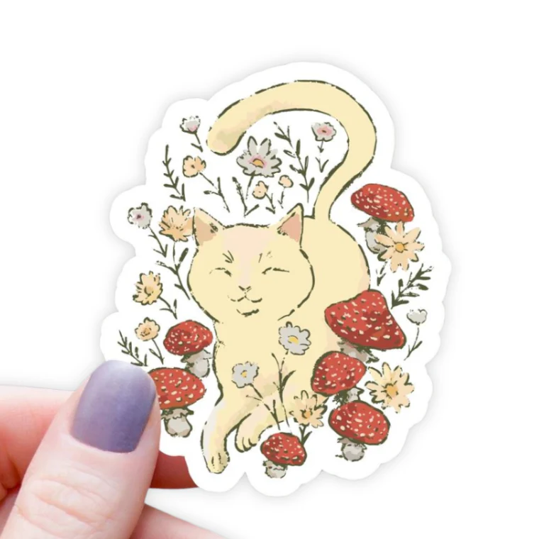 Cat Walking Amongst Mushrooms Sticker - 3"