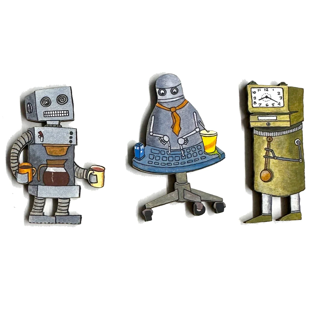 Office Bots Wooden Magnet Set of 3
